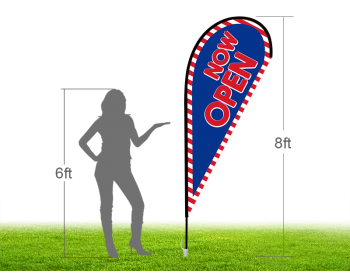 8ft NOW OPEN Stock Teardrop Flag with Ground Stake 02
