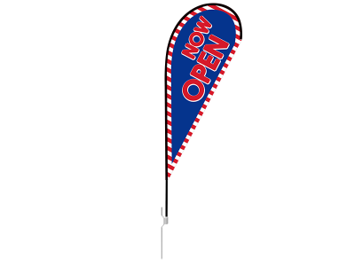 8ft NOW OPEN Stock Teardrop Flag with Ground Stake 02
