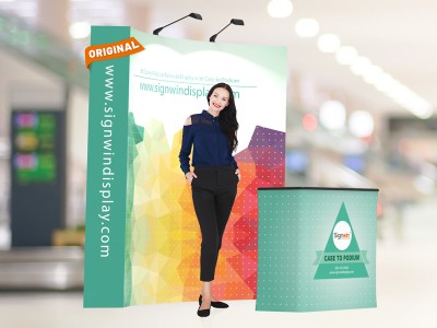 Custom 8ft Curved & Velcro Fabric Pop Up Trade Show Booth Backwall Display with Premium Case to Podium