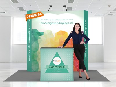 Custom 8ft Curved & Velcro Fabric Pop Up Trade Show Booth Backwall Display with Premium Case to Podium