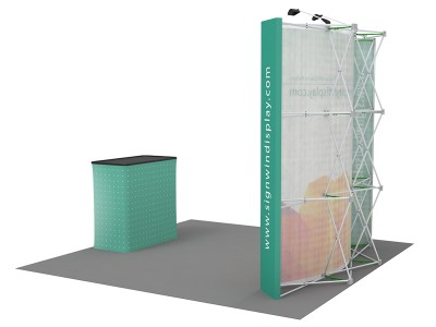 Custom 8ft Curved & Velcro Fabric Pop Up Trade Show Booth Backwall Display with Premium Case to Podium (Frame + Graphic)