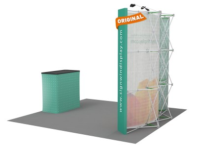 Custom 8ft Curved & Velcro Fabric Pop Up Trade Show Booth Backwall Display with Premium Case to Podium