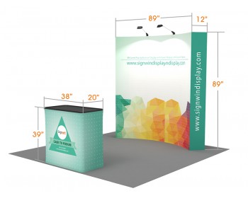 Custom 8ft Curved & Velcro Fabric Pop Up Trade Show Booth Backwall Display with Premium Case to Podium (Frame + Graphic)