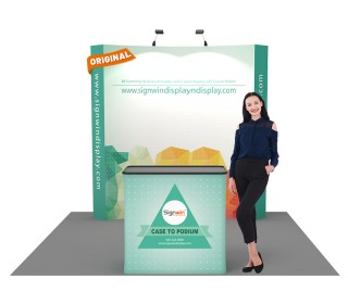 Custom 8ft Curved & Velcro Fabric Pop Up Trade Show Booth Backwall Display with Premium Case to Podium