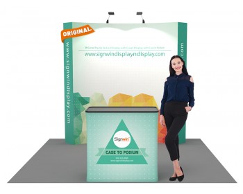 Custom 8ft Curved & Velcro Fabric Pop Up Trade Show Booth Backwall Display with Premium Case to Podium