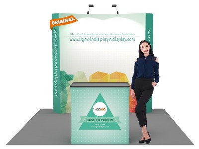 Custom 8ft Curved & Velcro Fabric Pop Up Trade Show Booth Backwall Display with Premium Case to Podium