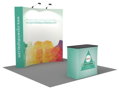 Custom 8ft Curved & Velcro Fabric Pop Up Trade Show Booth Backwall Display with Premium Case to Podium