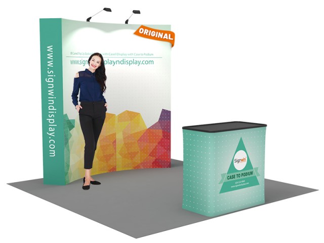 Custom 8ft Curved & Velcro Fabric Pop Up Trade Show Booth Backwall Display with Premium Case to Podium
