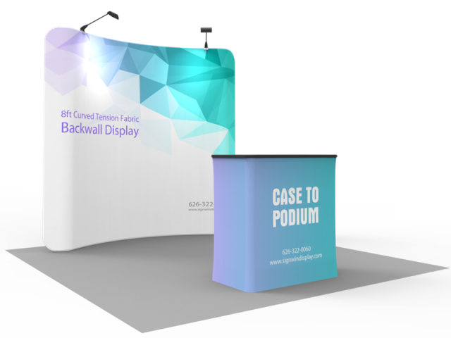 Custom 8ft Curved & Eye-Catching Tension Fabric Trade Show Booth Backwall Display with Durable Case to Podium
