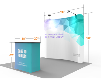 Custom 8ft Curved & Eye-Catching Tension Fabric Trade Show Booth Backwall Display with Durable Case to Podium (Frame + Graphic)