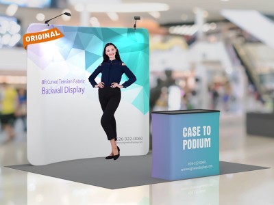 Custom 8ft Curved & Eye-Catching Tension Fabric Trade Show Booth Backwall Display with Durable Case to Podium Custom 8ft Curved & Eye-Catching Tension Fabric Trade Show Booth Backwall Display with Durable Case to Podium