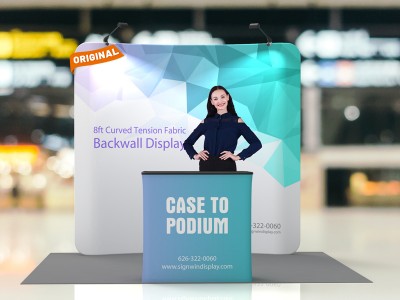 Custom 8ft Curved & Eye-Catching Tension Fabric Trade Show Booth Backwall Display with Durable Case to Podium Custom 8ft Curved & Eye-Catching Tension Fabric Trade Show Booth Backwall Display with Durable Case to Podium