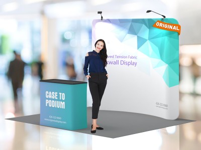 Custom 8ft Curved & Eye-Catching Tension Fabric Trade Show Booth Backwall Display with Durable Case to Podium Custom 8ft Curved & Eye-Catching Tension Fabric Trade Show Booth Backwall Display with Durable Case to Podium