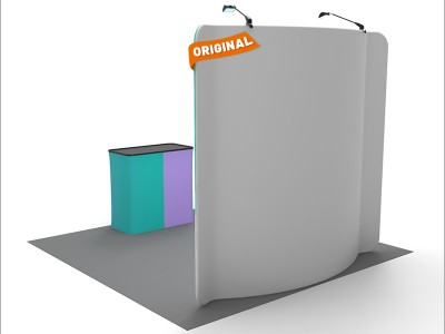 Custom 8ft Curved & Eye-Catching Tension Fabric Trade Show Booth Backwall Display with Durable Case to Podium