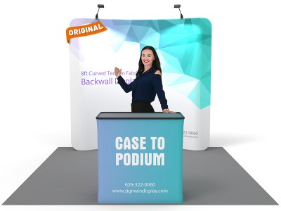 Custom 8ft Curved & Eye-Catching Tension Fabric Trade Show Booth Backwall Display with Durable Case to Podium