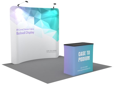 Custom 8ft Curved & Eye-Catching Tension Fabric Trade Show Booth Backwall Display with Durable Case to Podium