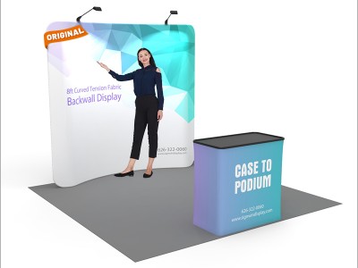 Custom 8ft Curved & Eye-Catching Tension Fabric Trade Show Booth Backwall Display with Durable Case to Podium