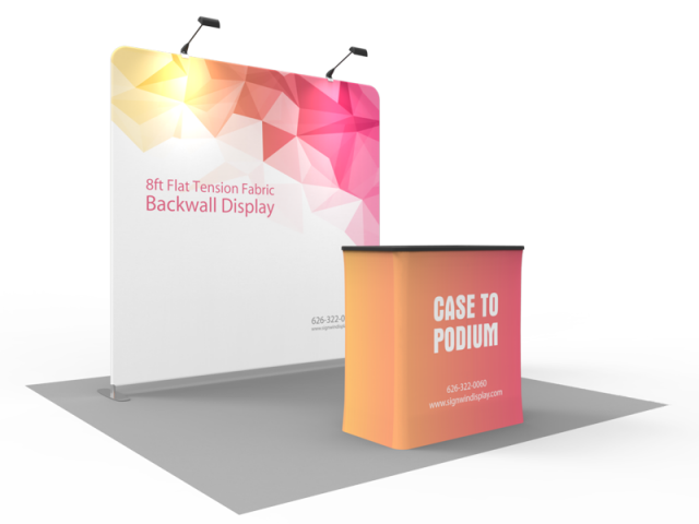 Custom 8ft Flat & Zippered Tension Fabric Trade Show Booth Backwall Display with Durable Case to Podium