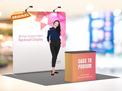Custom 8ft Flat & Zippered Tension Fabric Trade Show Booth Backwall Display with Durable Case to Podium