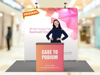 Custom 8ft Flat & Zippered Tension Fabric Trade Show Booth Backwall Display with Durable Case to Podium