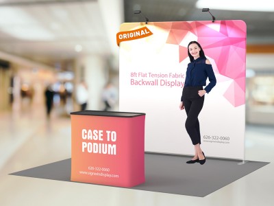 Custom 8ft Flat & Zippered Tension Fabric Trade Show Booth Backwall Display with Durable Case to Podium