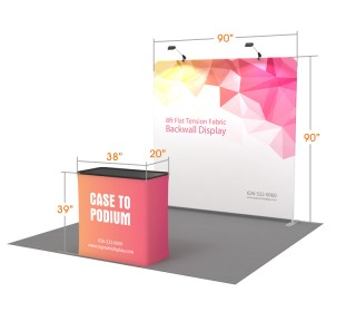 Custom 8ft Flat & Zippered Tension Fabric Trade Show Booth Backwall Display with Durable Case to Podium (Frame + Graphic)