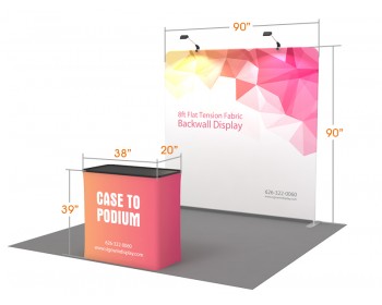 Custom 8ft Flat & Zippered Tension Fabric Trade Show Booth Backwall Display with Durable Case to Podium (Frame + Graphic)