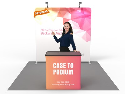 Custom 8ft Flat & Zippered Tension Fabric Trade Show Booth Backwall Display with Durable Case to Podium