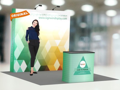 Custom 8ft Straight & Free-Standing Fabric Pop Up Trade Show Booth Backwall Display with Premium Case to Podium Custom 8ft Straight & Free-Standing Fabric Pop Up Trade Show Booth Backwall Display with Premium Case to Podium