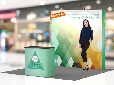 Custom 8ft Straight & Free-Standing Fabric Pop Up Trade Show Booth Backwall Display with Premium Case to Podium Custom 8ft Straight & Free-Standing Fabric Pop Up Trade Show Booth Backwall Display with Premium Case to Podium