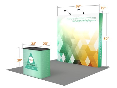 Custom 8ft Straight & Free-Standing Fabric Pop Up Trade Show Booth Backwall Display with Premium Case to Podium (Frame + Graphic)