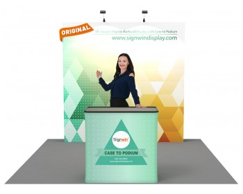 Custom 8ft Straight & Free-Standing Fabric Pop Up Trade Show Booth Backwall Display with Premium Case to Podium