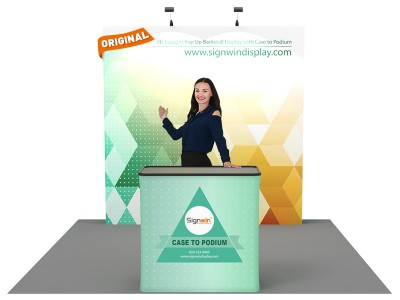 Custom 8ft Straight & Free-Standing Fabric Pop Up Trade Show Booth Backwall Display with Premium Case to Podium